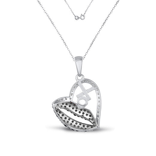 Monochrome Lips & XO White & Black Diamond Heart Pendant Set in 925 Silver