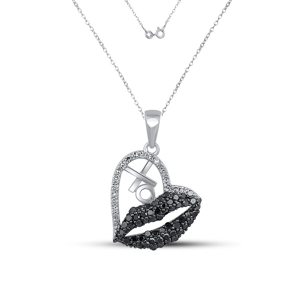 Monochrome Lips & XO White & Black Diamond Heart Pendant Set in 925 Silver