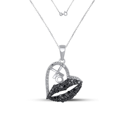 Monochrome Lips & XO White & Black Diamond Heart Pendant Set in 925 Silver